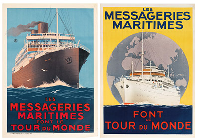 Lot de deux affiches originales “Les Messageries maritimes font le tour du monde