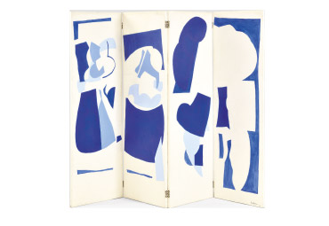 Paravent à quatre feuilles à décor abstrait sur toile en camaïeu de bleus sur fond blanc