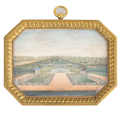 Parc d’un château, cette miniature à pans coupés, signée Louis-Nicolas van Blarenberghe